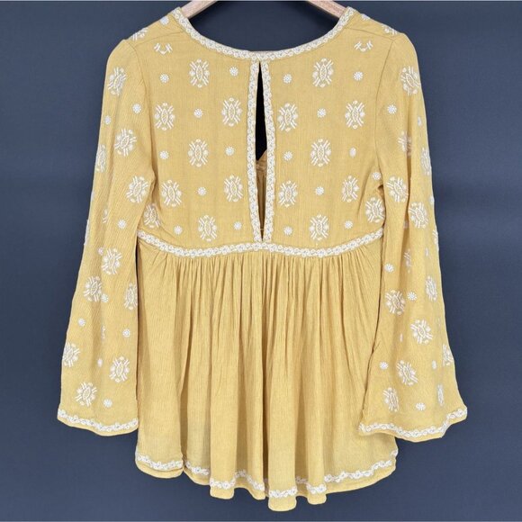 Fate Women's Bohemian Embroidered Babydoll Top S Yellow Bell Sleeves Boho Empire - Picture 2 of 9